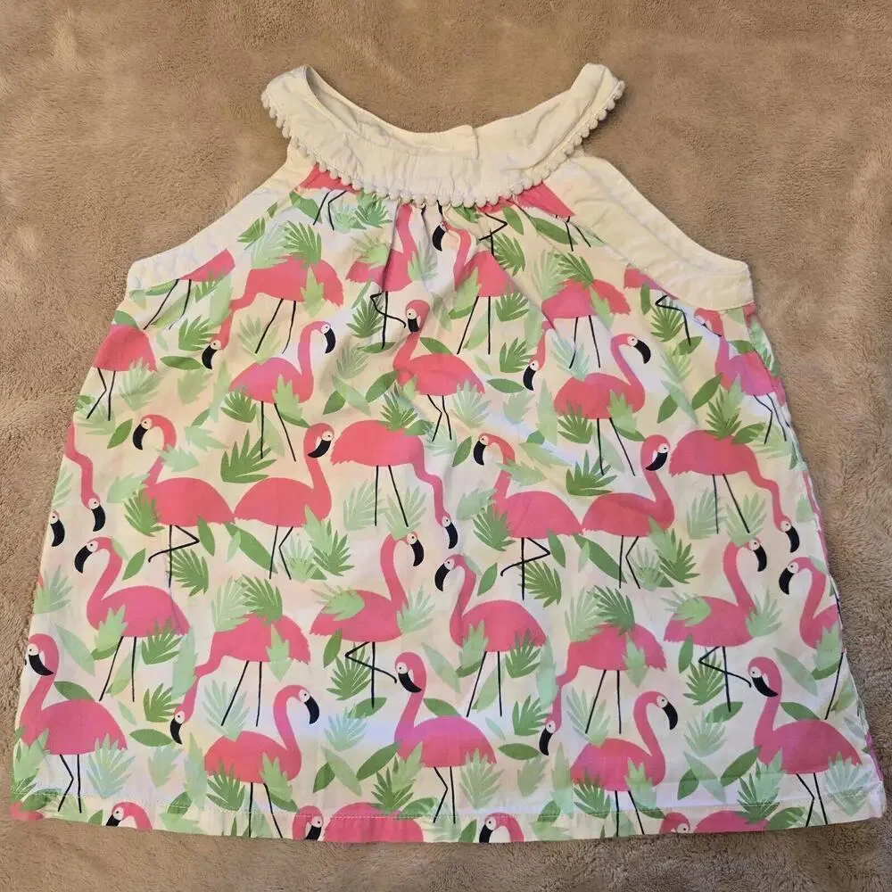Gymboree Girls White Pink Green Flamingo Printed Blouse Shirt Top Size 6